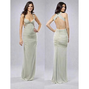 Mignon sz 2 Dew Green Ruched Halter Gown with Open Back Floor Length Evening NWT